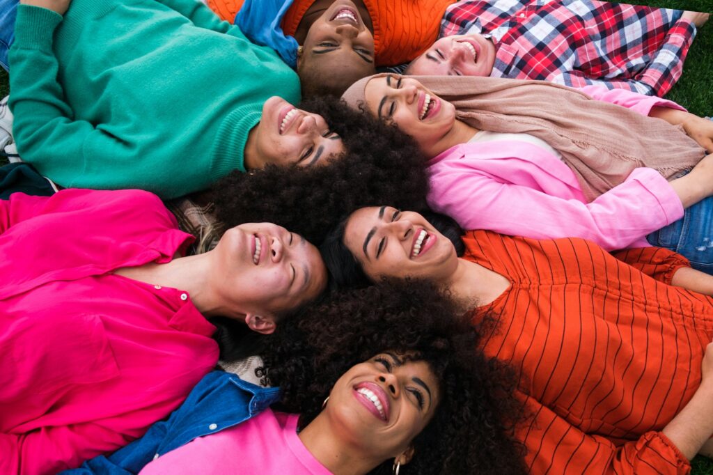 Aerial view of group of lifestyle women smiling